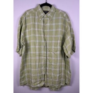 Ermenegildo Zegna Mens XL Linen Short Sleeve Button Down Shirt Green Plaid Italy